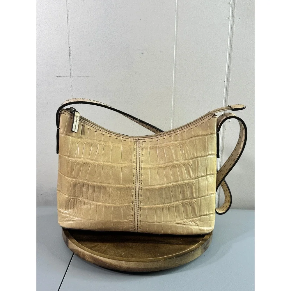 Fossil Baguette Bag Women Small Cream Croc Embossed Leather Zip Shoulder Bag